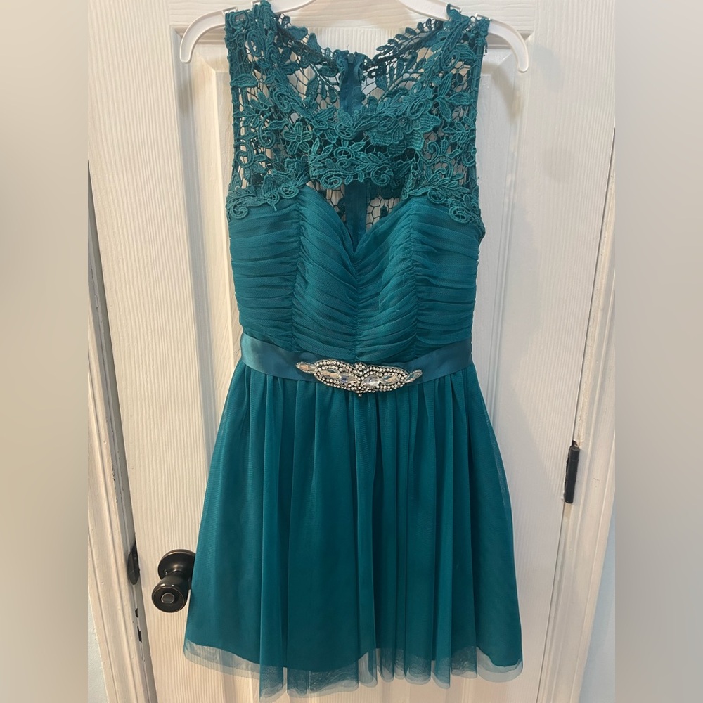 Elegant Teal Lace Dress with Beaded Belt